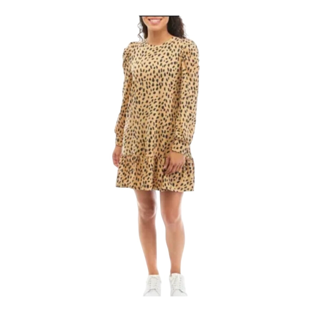 Crown & Ivy Leopard Print Long Sleeve Tiered Ruffle‎ Hem Dress Women L